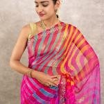 Multi Coloured Pure Georgette Lehariya Saree | Aari, Sequin & Zardozi Work | Jaipurio Designer Collection